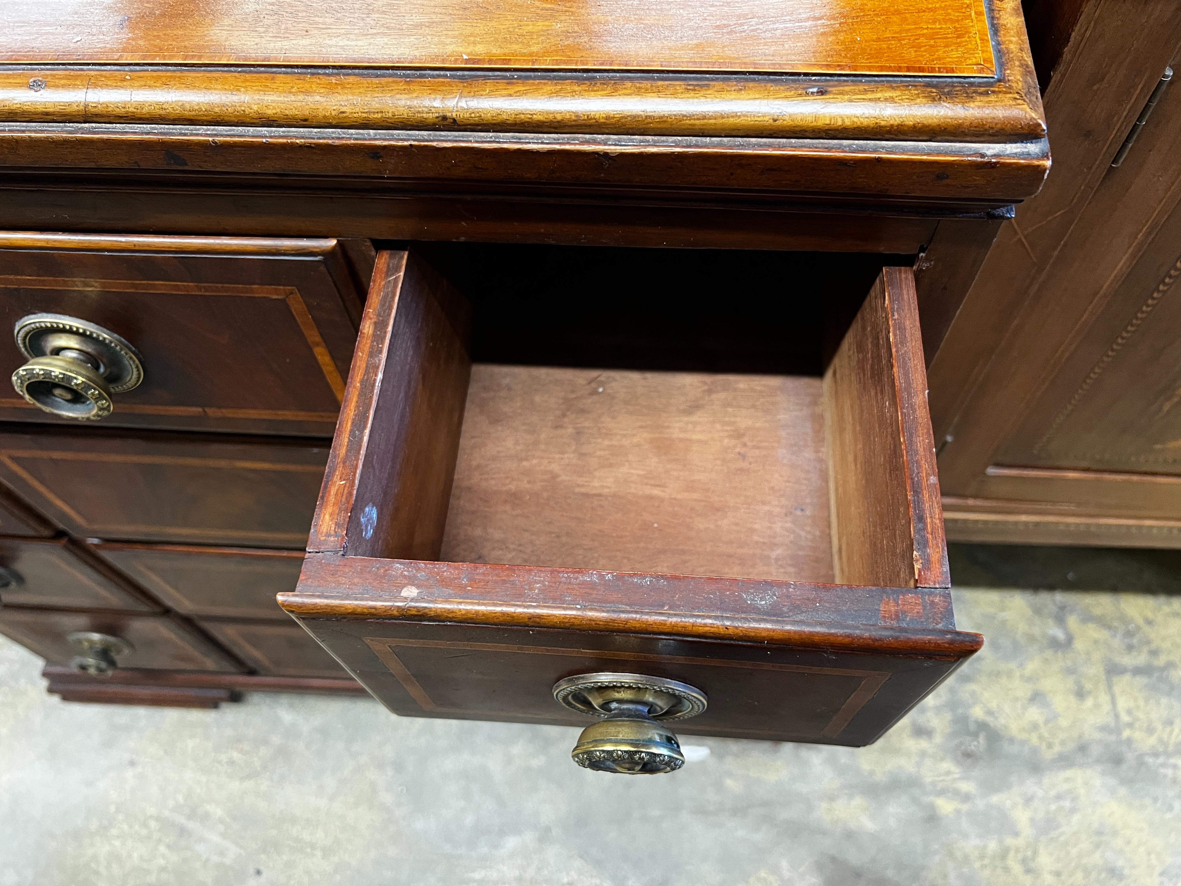 A small George III style satinwood banded mahogany six drawer chest, width 73cm, depth 47cm, height 80cm